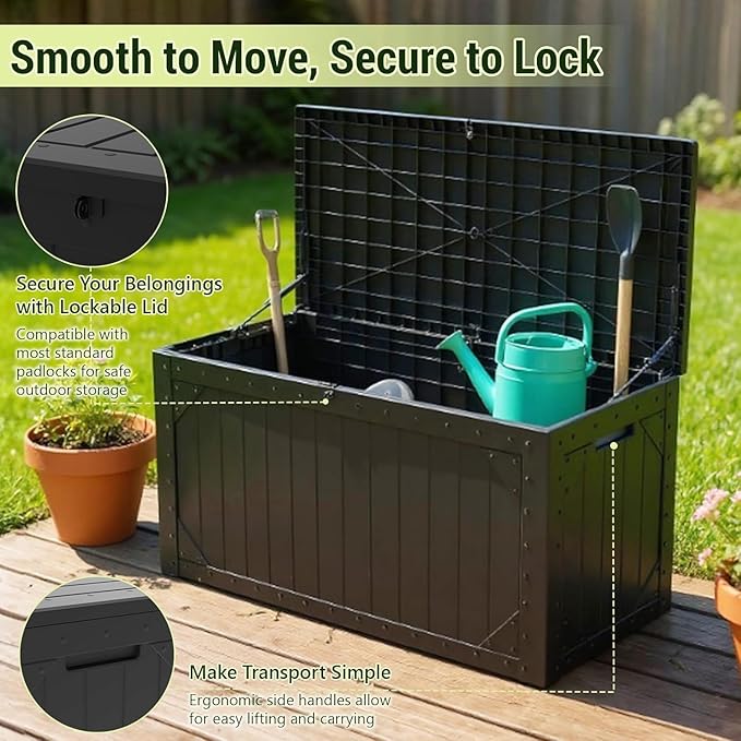 Outdoor Storage Box, 100 Gallon Resin Deck Box Waterproof for Patio Furniture, Garden Tools and Pool Accessories, Lockable UV-Resistant Storage Bin Bench Cabinet for Outside, Black