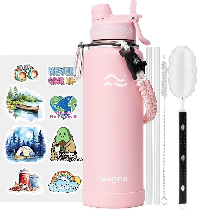 [2-IN-1 LID] Insulated Water Bottle with Silicone Boot (36hrs Cold/18hrs Hot) - DIY Stickers, Leakproof, BPA Free, 40 oz