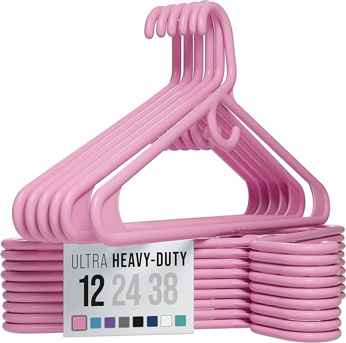 NEATERIZE Ultra Heavy Duty Plastic Clothes Hangers - Pink - Durable Coat, Suit and Clothes Hanger. Perchas De Ropa (12 Pack - Pink)