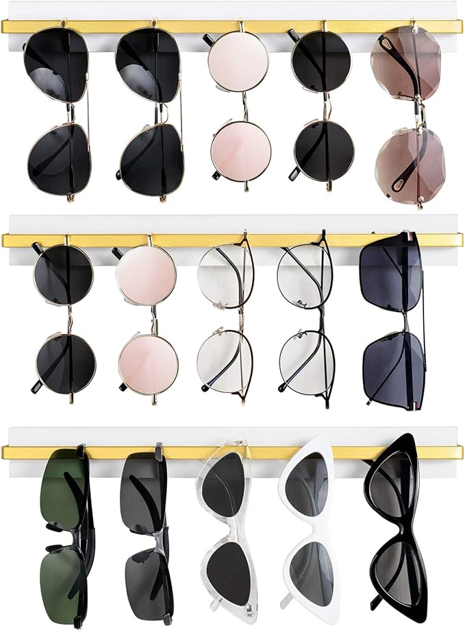 Mkono Wall Mounted Sunglasses Storage Organizer Wood Modern Simple Eyeglasses Display Holder Eyewear Glasses Jewelry Headband Hanging Rack for Entryway Living Room Bedroom, Set of 3, White