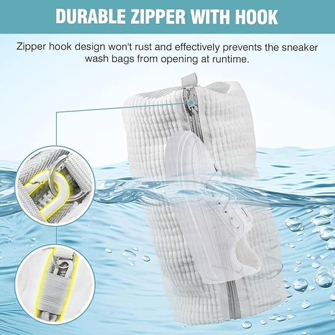 Shoe Washing Machine Bag, Shoe Laundry Bag for Washer and Dryer, Include Dry Net Bag, Reusable and Durable Zipper with Hook Design, Shoe Washing Bag for Sneaker (White, 1 Pack)