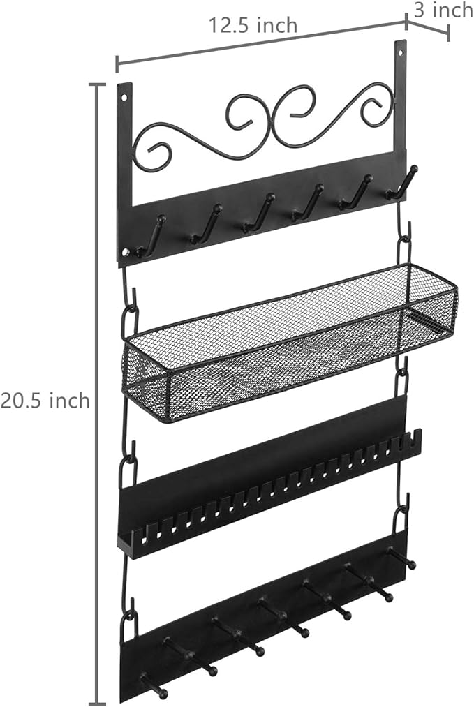 MyGift 4-Tier Wall Mounted Black Metal Hanging Jewelry Organizer with 18 Hooks, Earring Holder and Necklace, Bracelet Display Rack