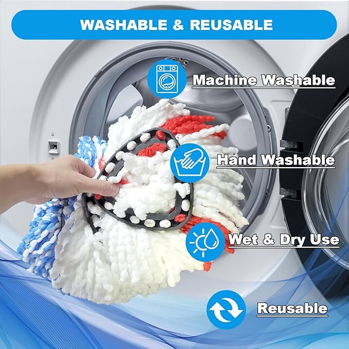 Easywring 1-Tank System,Mop Replacement Heads for O-Ceda Mop Replace Head, Spin Mop Heads Replacements, Microfiber Spin Mop Refills, Easy Cleaning Mop Head Replacement (Blue and White 3pcs)