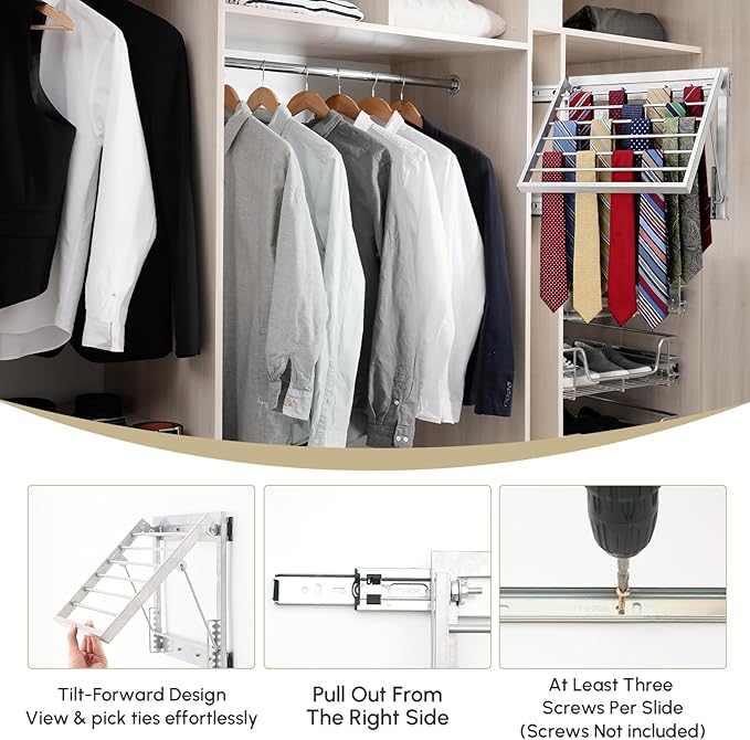 Blulu 2 Pcs 13.8'' Sliding Tie Rack for Closet, 60 Tie Pull Out Belt Hanger Wall Mounted Extending Metal Belt Organizer, Silver