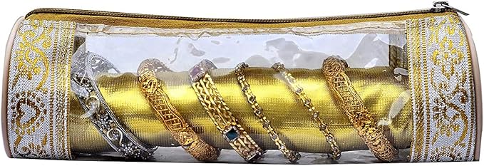 Rudraksh Single Rod Travel Raw Silk Bangle Pouch Wardrobe Organizer Vanity Box For Women/Girls Bracelets And Bangles, Golden - Set of 4