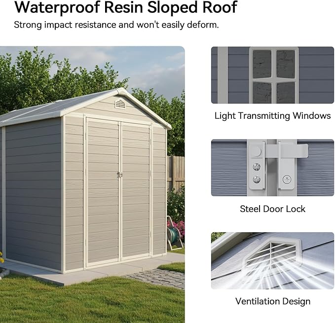 Aoxun 6x8 FT Outdoor Storage Shed, Plastic Garden Resin Shed with Floor and Window for Patio, Lawn, Outdoor Storage with Lockable Door for Bike, Garbage Can, Tools, Grey