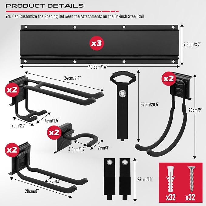 SEDY 48" Heavy Duty Garage Wall Organizer, Wall Mount Tool Storage Rack with Adjustable Hooks, Garden Tool Organizer Hold Up to 300lbs, Easy Installation (8 Hooks, 3 Rails, 3 Straps)