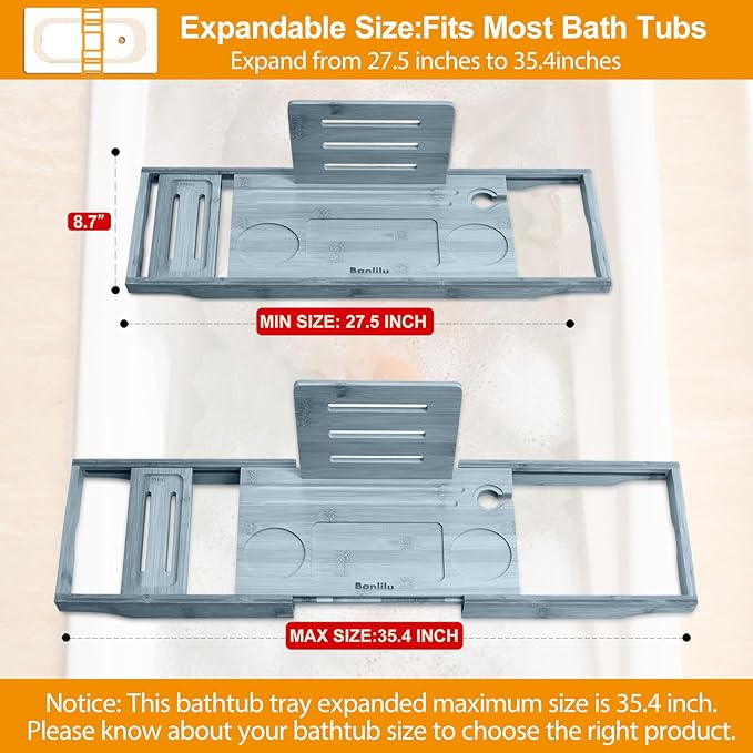 Premium Bathtub Caddy Tray - Bath Tray - Bath Tub Tray Table for Bathtub - Bath Caddy Tray for Bathtub, Expandable Size, Fits Most Bath Tubs