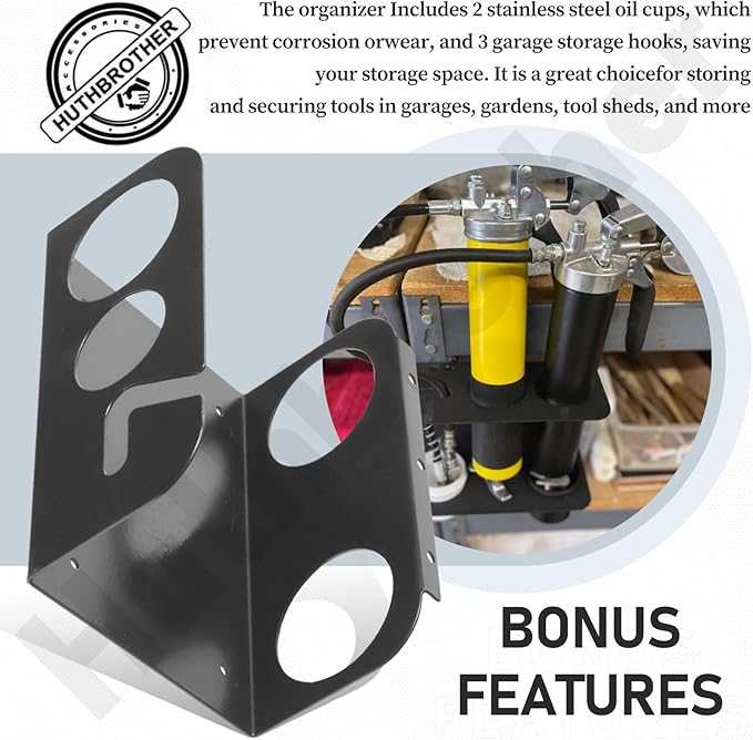 Grease Gun Holder, Wall Mount Grease Gun Storage Rack/Organizer, Hand Grease Gun Holder Rack for Workshop, Shop, Garage, W/Removable Drip Cups, Spare Cartridge Holder and Separate Spring