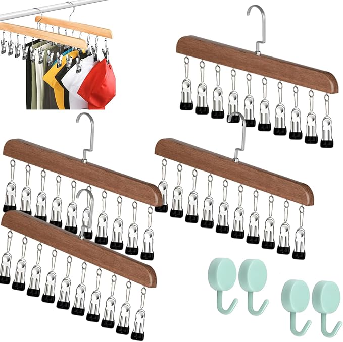 Closet Organizer with 10 Clips - Space Saving Hanging Closet Organizer, Legging Organizer for Closet Hanging, 360° Rotating Metal Clips with Silicone Lining for Hat Sock Clothes (4 Sets-A)