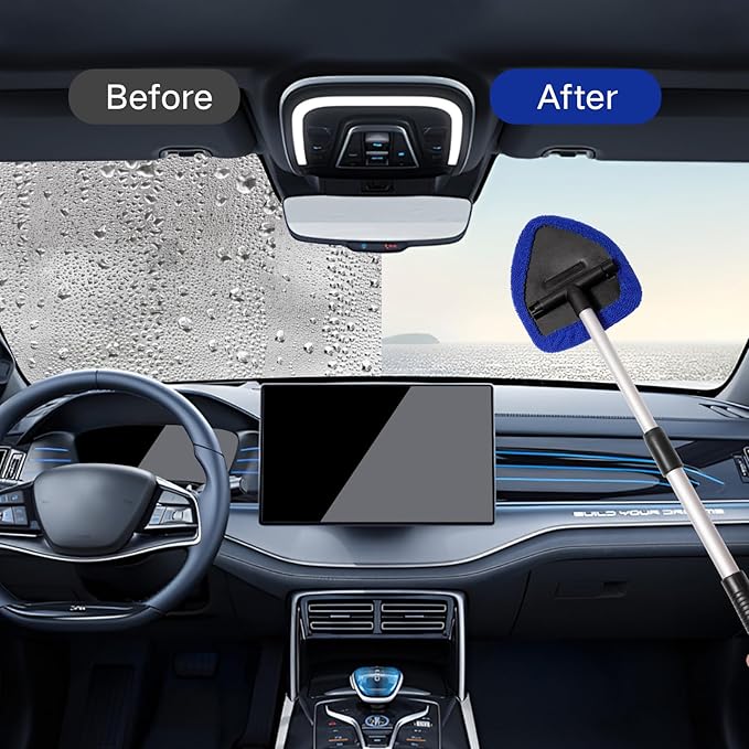 10pcs Windshield Cleaner Tool, Car Window Cleaning Wash Kit with 4 Reusable Microfiber Pads 1 Spray Bottle and Extendable Handle Auto Glass Wiper Kit, Blue&Gray