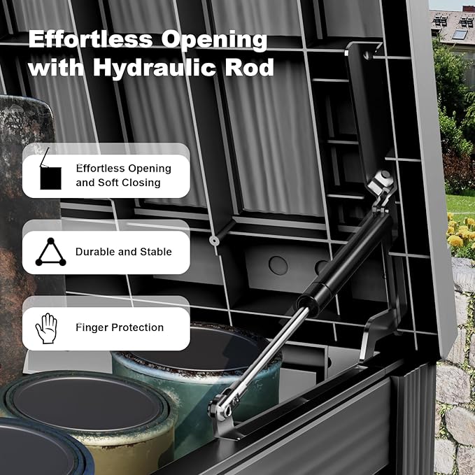 200 Gallon Waterproof Outdoor Storage Box, UV Resistant Resin Deck Box with Hydraulic Rod for Reinforced Stability, Perfect for Patio, Garden, and Pool（Black，200 Gallon）
