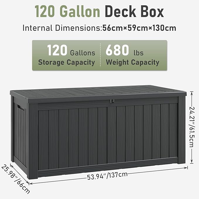Outdoor Storage Box, 120 Gallon Deck Box, Resin Waterproof Outside Storage Bench, Outdoor Storage Cabinet With Lockable Lid, Backyard Deck Box For Garden Tools, Patio Cushions, Pool Accessories