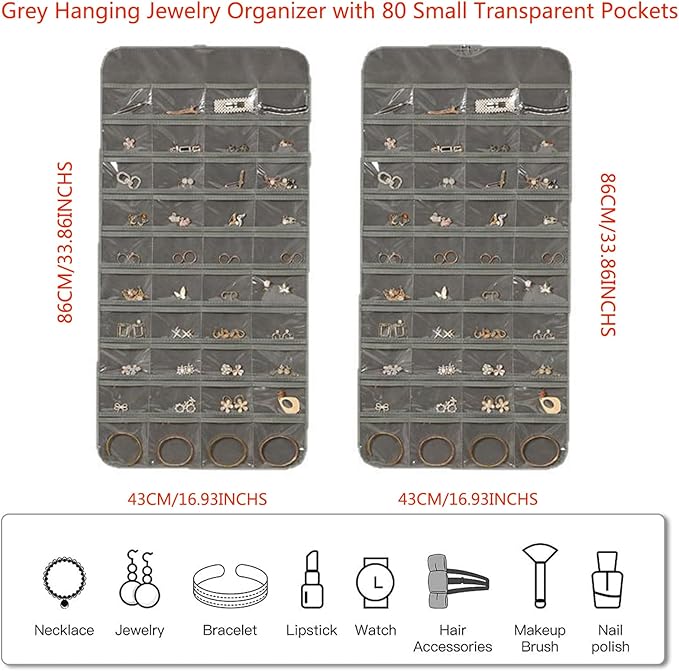 Hanging Jewelry Organizer,80+48 Clear Pockets and 8 Hooks for Jewelries Dual-Sided Display Holder,Wardrobe Storage Holder with Hook for Storing Jewelries Earrings Necklaces Rings Bracelets Glasses