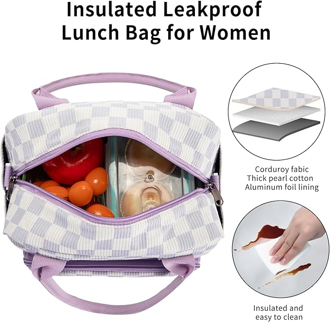 Lunch Bag Women Lunch Box for Women Adult Cute Insulated Lunch Bag Lager Cooler Lunch Tote Bags for Work Picnic (Beige-Purple Plaid)
