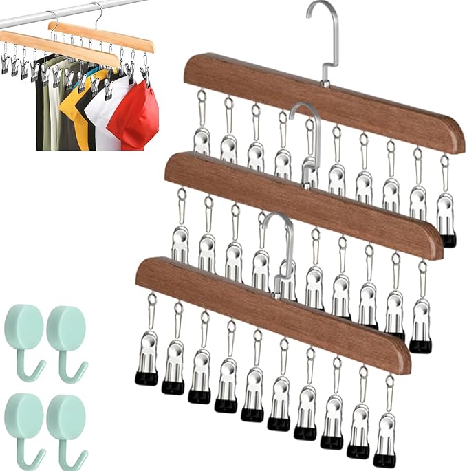 Closet Organizer with 10 Clips - Space Saving Hanging Closet Organizer, Legging Organizer for Closet Hanging, 360° Rotating Metal Clips with Silicone Lining for Hat Sock Clothes (3 Sets-A)