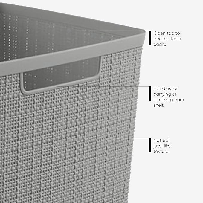 Curver Set of 6 Medium 12L Jute Decorative Plastic Organization and Storage Baskets - Perfect Bins for Home Office, Closet Shelves, Kitchen Pantry and All Bedroom Essentials, Grey