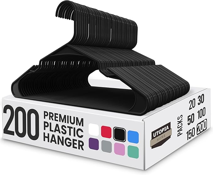 Utopia Home Plastic Hangers 200 Pack - Perfect Space Saving Clothes Hanger - Durable and Strong - Perfect Closet Organizers with Shoulder Grooves (Black)