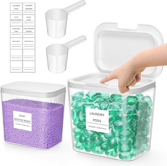 Lifewit 2 Pcs Laundry Pods Container with Pop-up Lid, Dryer Sheet Holder, Laundry Room Organization Storage Jars for Washing Powder, Soap, Scent Booster Beads, 2700 +4500ml/0.72+1.2gal