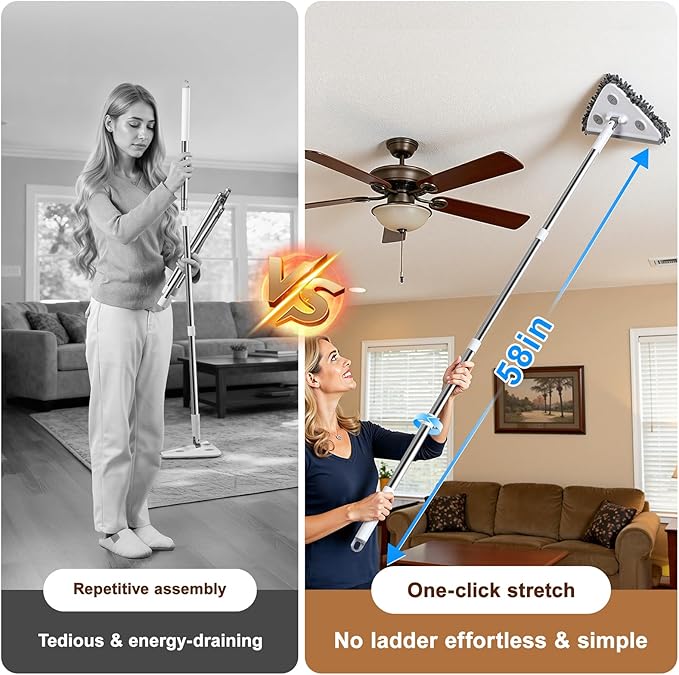 Wall Cleaner Mop with Long Handle, Wall Duster with Extension Pole, 3-in-1 Wall Cleaner, Dust Mop with 5 Reusable Pads