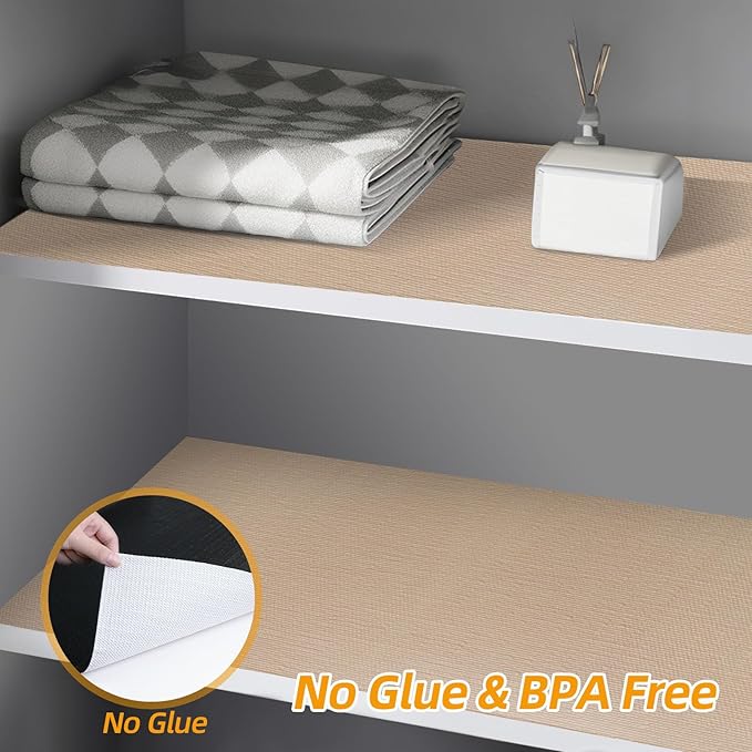 Shelf and Drawer Liner for Kitchen Cabinets Non-Adhesive, Strong Grip Non-Slip Thickened Cabinet Liners for Shelves, Waterproof Mats for Dresser Cupboard, Khaki, 12 in x 20 Feet