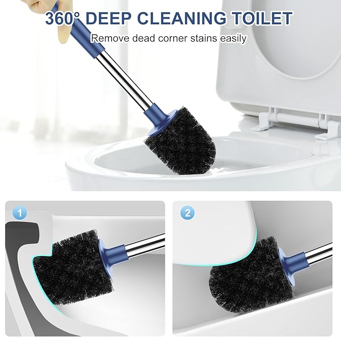 SetSail Toilet Brush and Holder 3 Pack, Self Closing Lid Toilet Bowl Brushes Holder Extra Long Handle Ventilated Toilet Brush Set for Bathroom Cleaning, Nylon Bristles, Dark & Blue