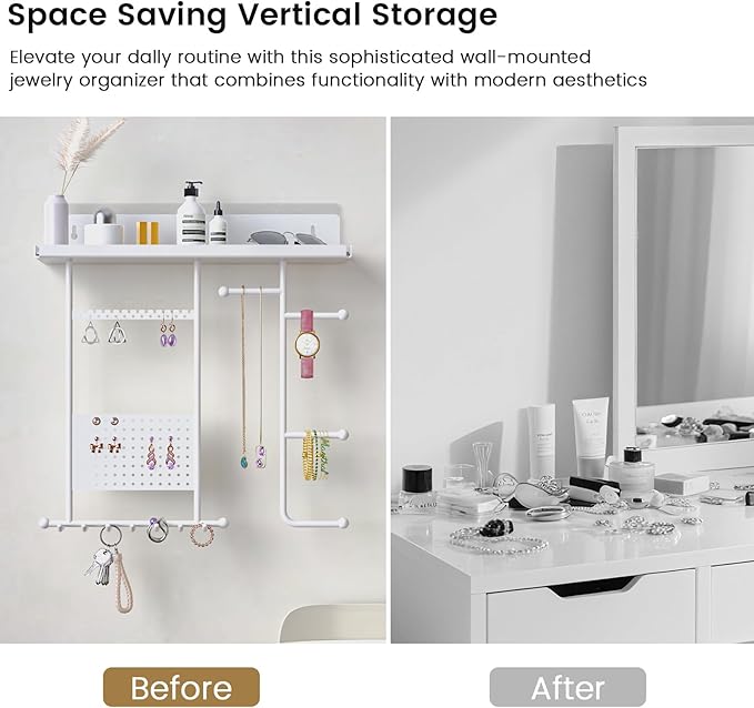 Wall Mounted Jewelry Organizer with Shelf: Metal Display Stand with Velvet Pad, Multi-Layer Necklace Hanging Rack for Bedroom Bathroom Space Saving No-Drill Wall Decor