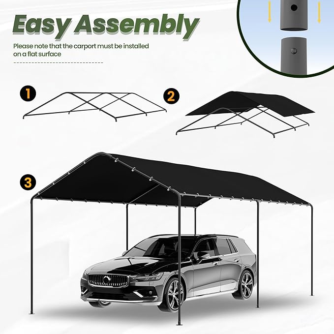 GOJOOASIS 10x20 Carport Heavy Duty Portable Garage Shelter Metal Car Canopy Tent with UV-Resistant & Weatherproof Top Cover for RV & Vehicles (Black, 10x20 Without sidewalls)
