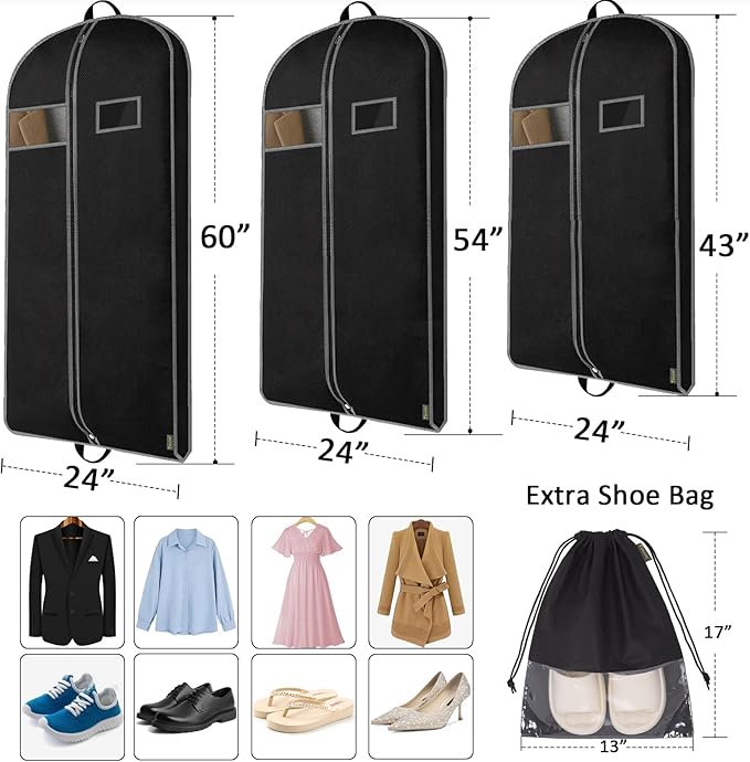 BALEINE 5PK Heavy Duty Garment Bag with Shoe Storage Travel Bag for Dresses, Suit, Coats Travel Essential (43", Black)