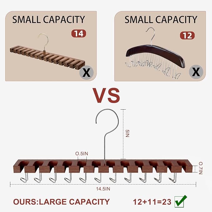 Belt Hanger for Closet Max 42 Belts, 2-in-1 Wall Mount Belt Organizer with 360° Rotating Hooks, Wooden Tie and Belt Rack for Closet Accessories Organizers and Storage, Walnut Wood