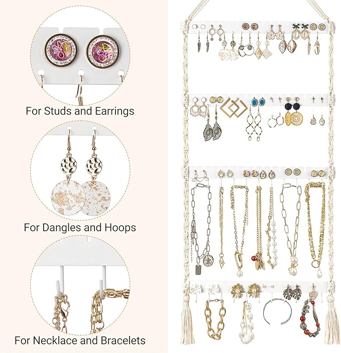 Mkono Hanging Jewelry Organizer Macrame Necklace Holder Wall Mounted Jewelry Hanger Earring Holder Organizer Boho Decor Over Door Jewelry Display Necklace Rack for Necklaces Bracelets Earrings