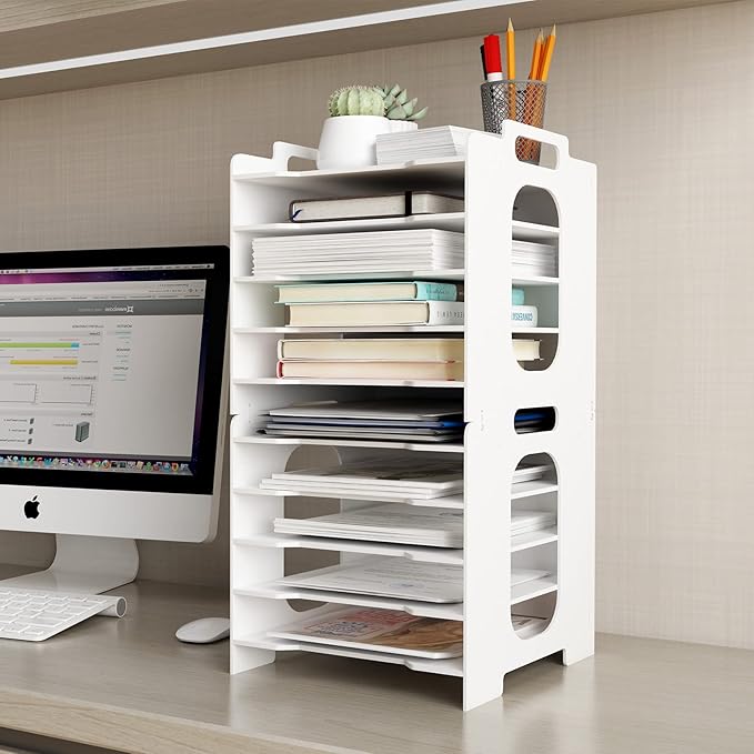 Natwind Office Stackable Paper Organizer for Desk White Desktop File Sorter Desk Organizer Letter Tray Holder Document Storage Rack for Home Office School 10-Tier