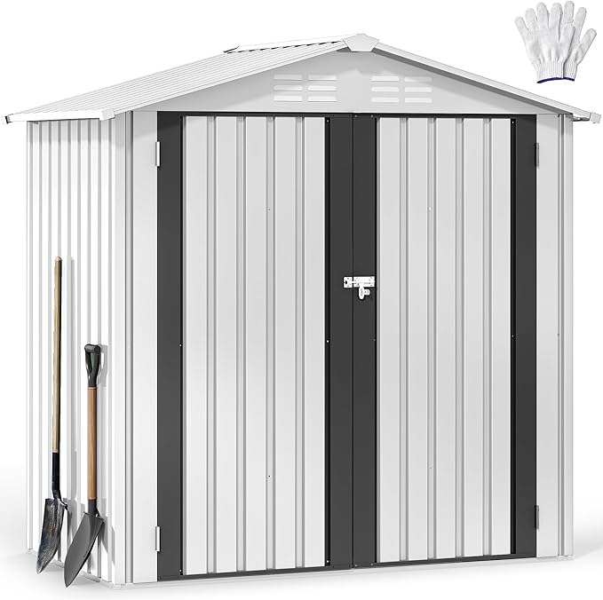 DWVO 6x4ft Tool Storage Shed, Lockable Doors, and Sloped Roof, Steel Outdoor Storage Shed for Garden, Patio, Garage, Backyard, Lawn - White