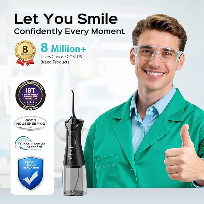 COSLUS Water Dental Flosser Pick for Teeth C30(FC5360): 4 Modes Cordless Portable 300ML Larger Tank Water Teeth Cleaner IPX7 Waterproof Flossing Cleaning Picks for Home Travel Black