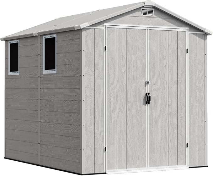 Devoko 6x8 FT Resin Storage Shed with Floor, Outdoor Plastic Garden Shed with Window, Waterproof Tool Storage Shed with Lockable Door for Backyard, Patio, Lawn, Light Gray