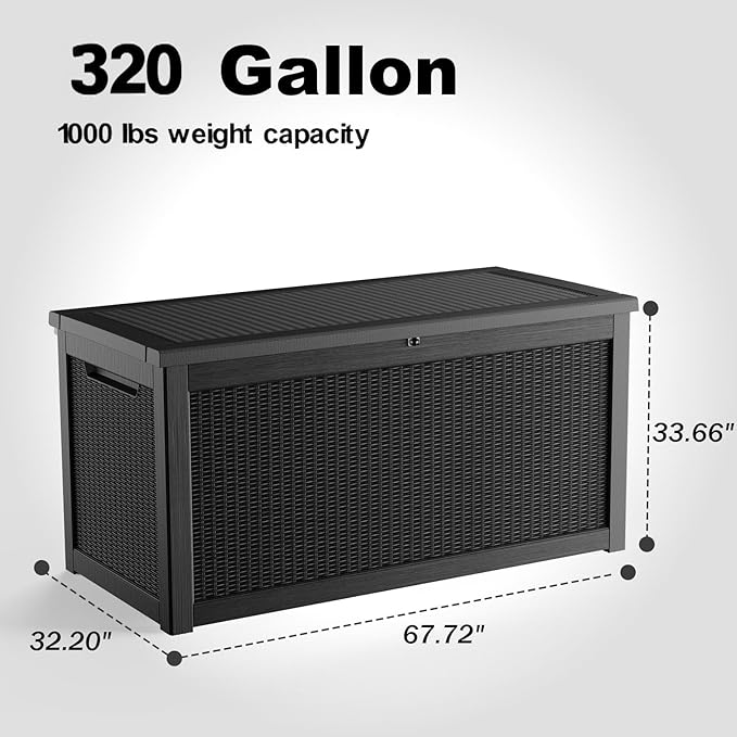 320 Gallon Outdoor Deck Box,Waterproof Resin Outdoor Storage Boxes, Outside Storage Lockable Container for Garden Tools,Indooor Cushions,Accessories (Black)