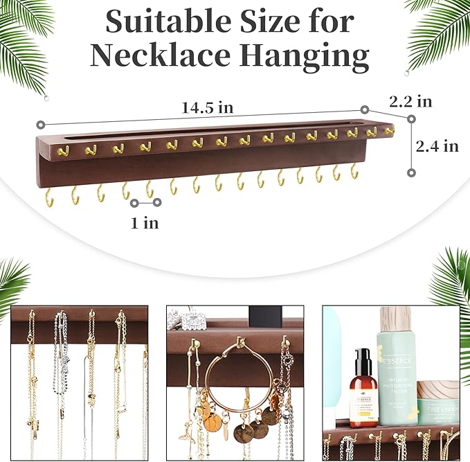 Necklace Holder, Upgraded Extra Large Wall Necklace Organizer with 30 Hooks Wall Mounted Necklace Hanger with Jewelry Tray/Cosmetics Shelf Rustic Pine Wood Holder (Walnut)