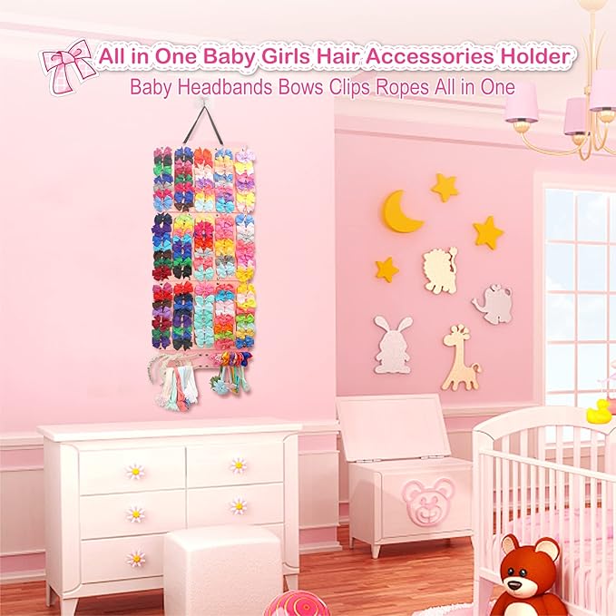 Vimiv Hair Bows Holder & Organizer w/Extra Large Capacity, Head Bows Hanger, 27 Ribbons, Baby Hair Accessory Storage Display with Sturdy Rope, Wall Hanging for Girl Room