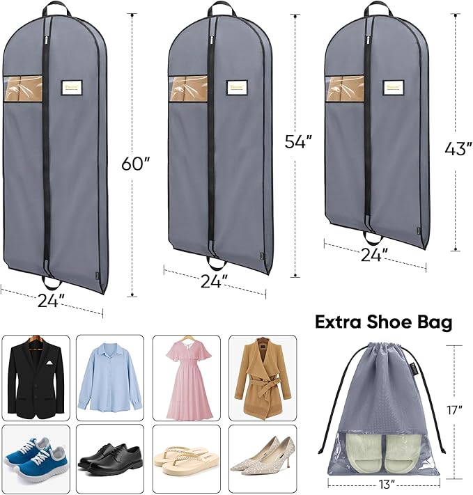 BALEINE 1PK Heavy Duty Garment Bag with Shoe Storage Travel Bag for Dresses, Suit, Coats Travel Essential (54", Grey)