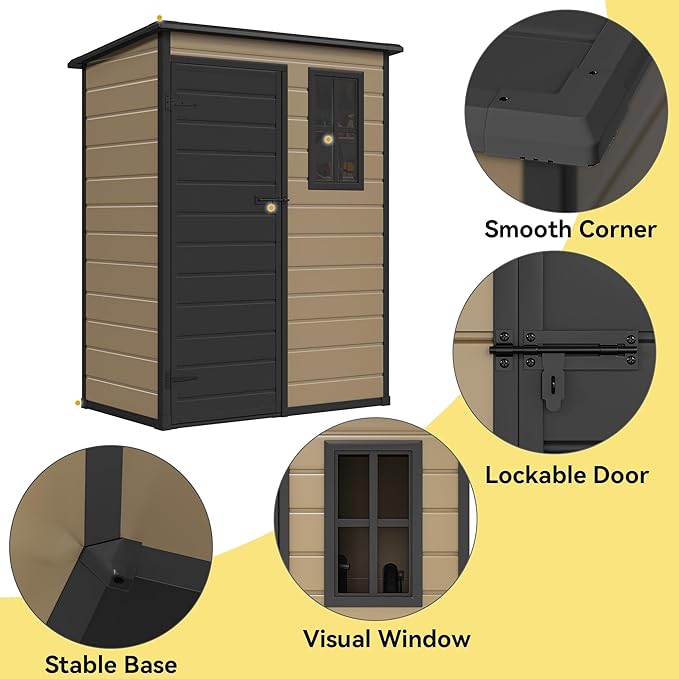 DWVO 5x3ft Resin Outdoor Storage Shed with Floor, Waterproof Lockable Storage Shed with Window, Plastic Outside Tool Storage for Garden, Backyard, Patio, Lawn, Brown