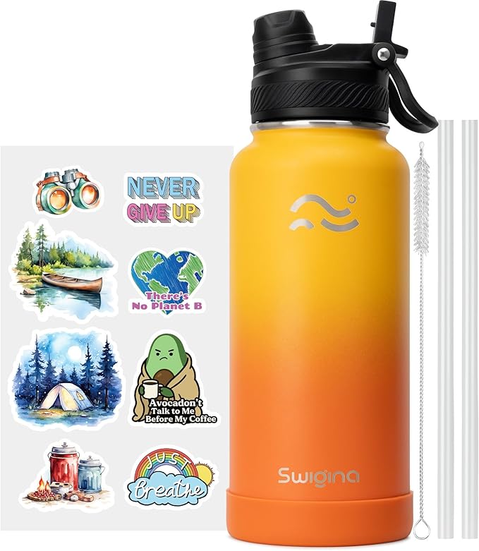 [2-IN-1 LID] Insulated Water Bottle with Silicone Boot (36hrs Cold/18hrs Hot) - DIY Stickers, Leakproof, BPA Free, 32 oz