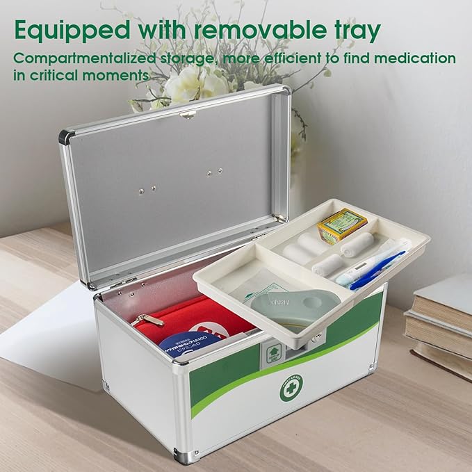 Medicine Lock Box with Keys, Medication Storage Lock Box, (Size-Small 10 * 6.9 * 6.9inch) First Aid Safe Layered Aluminum Daily Medicine Lockable Box with Key