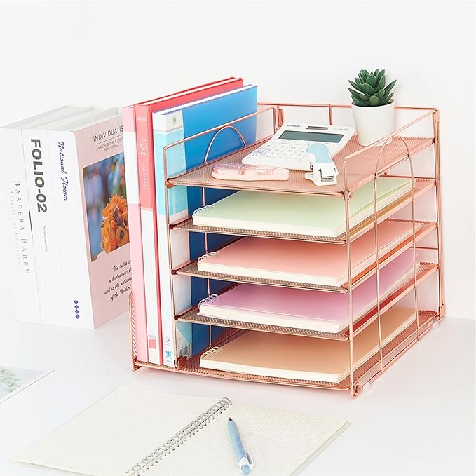 Desk Organizers and Accessories, 5-Tier Paper Letter Tray Organizer with File Holder, Desktop Organizer for Office Supplies (Rose Gold)