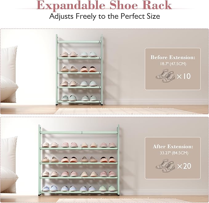 Bumusty 5-Tier Expandable Shoe Rack for Closet, 18“-33” Adjustable Shoe Rack for Small Space, Small Shoe Organizer for Front Door, Sturdy Metal,Green
