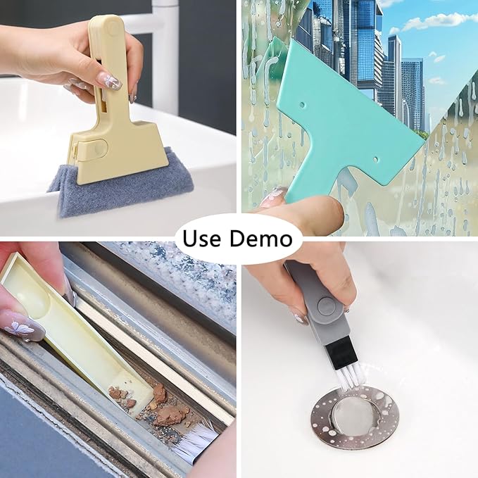 Window Track Cleaner Tool, 4Pcs 4-in-1 Groove Cleaning Brush (with Bristle Brush, Gap Dustpan, Scraper), Washable Cleaning Gadgets for Sliding Door, Sill, Car Vents (Blue + Yellow + 2Gray)