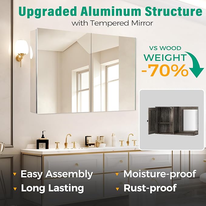 24 x 32 Inch Medicine Cabinet Mirror,Bathroom Mirror Cabinet with Adjustable Shelves, Aluminum Silver Medicine Cabinets for Bathroom,Recessed or Wall Mounted Medicine Cabinets