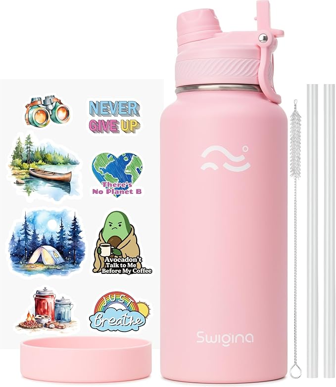 [2-IN-1 LID] Insulated Water Bottle with Silicone Boot (36hrs Cold/18hrs Hot) - DIY Stickers, Leakproof, BPA Free, 32 oz