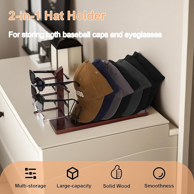 2-In-1 Hat Stand Rack for Baseball Caps Wood Hat Organizer with Eyeglasses Holder Sunglasses Organizer Space-Saving Closet Shelf Organizer for Bedroom Entryway