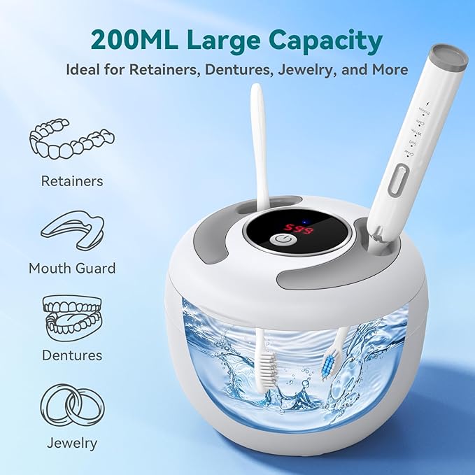 Dental Ultrasonic Retainer Cleaner Machine: 45kHz Dental Cleaning Pod for Denture, Mouth Guard, Night Guard, Aligner, Braces, Toothbrush Head & Jewelry, UV Cleaner with Digital Timer & 4 Modes, White