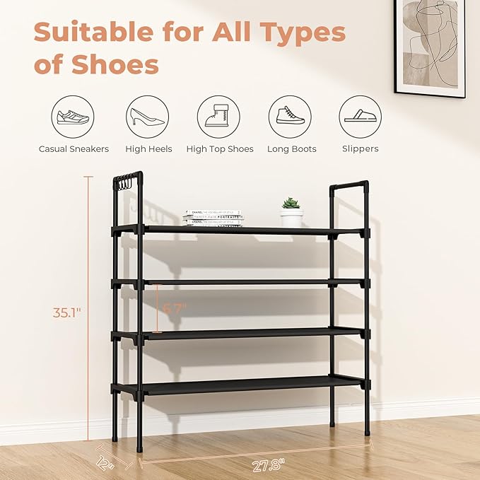 4 Tier Shoe Rack for Closet Shoe Organizer with 5 Hooks, Long Shoe Shelf Storage for Shoe and Boot Stackable Free Standing Shoe Rack for Entryway, Garage, Small Spaces, Dorm, Black